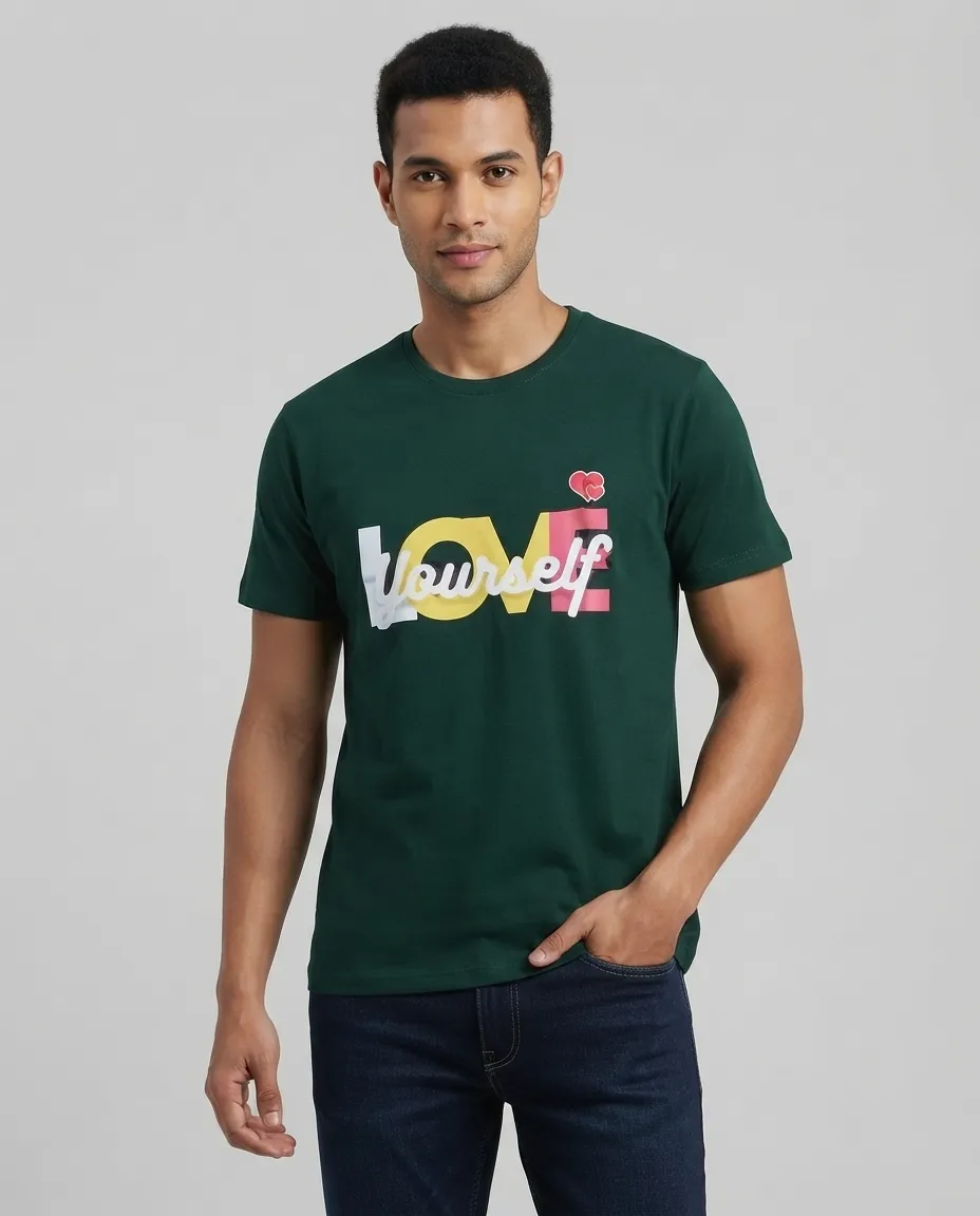 Men's Graphic Printed T-Shirt with Short Sleeves and Bengali-Inspired Artwork, Featuring a Clean Regular Fit for Casual Everyday Wear - Forest Green - Love Yourself