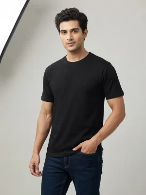Men's Plain T-Shirt with Short Sleeves, Solid Design, Regular Fit and Cotton Fabric for Casual Everyday Wear - Black
