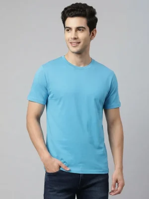 Men's Plain T-Shirt with Short Sleeves, Solid Design, Regular Fit and Cotton Fabric for Casual Everyday Wear - Bright Blue