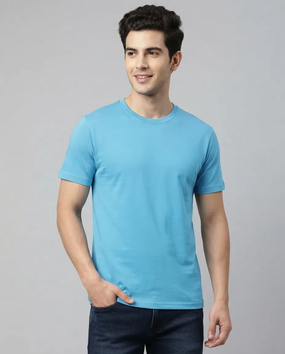 Men's Plain T-Shirt with Short Sleeves, Solid Design, Regular Fit and Cotton Fabric for Casual Everyday Wear - Bright Blue
