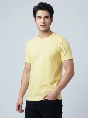 Men's Plain T-Shirt with Short Sleeves, Solid Design, Regular Fit and Cotton Fabric for Casual Everyday Wear - Light Yellow
