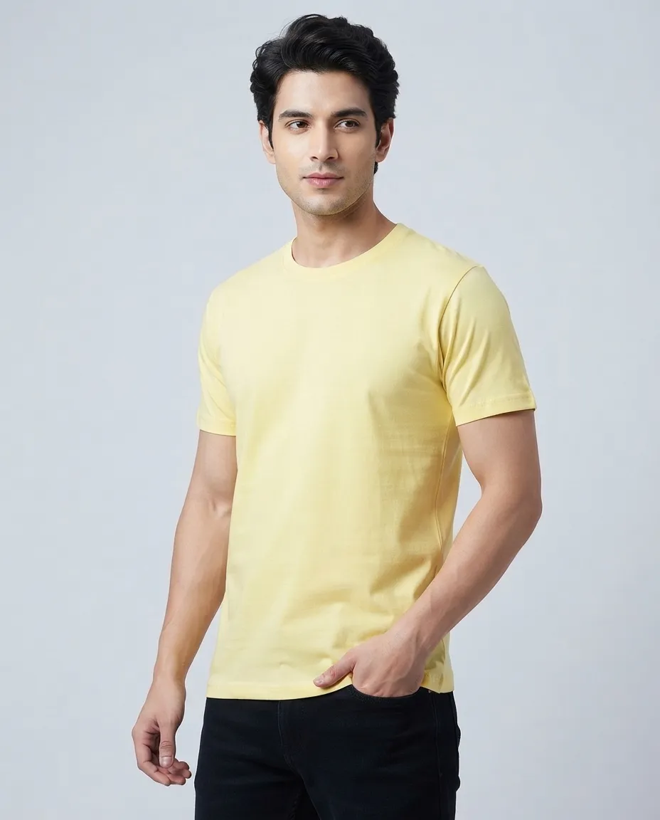 Men's Plain T-Shirt with Short Sleeves, Solid Design, Regular Fit and Cotton Fabric for Casual Everyday Wear - Light Yellow