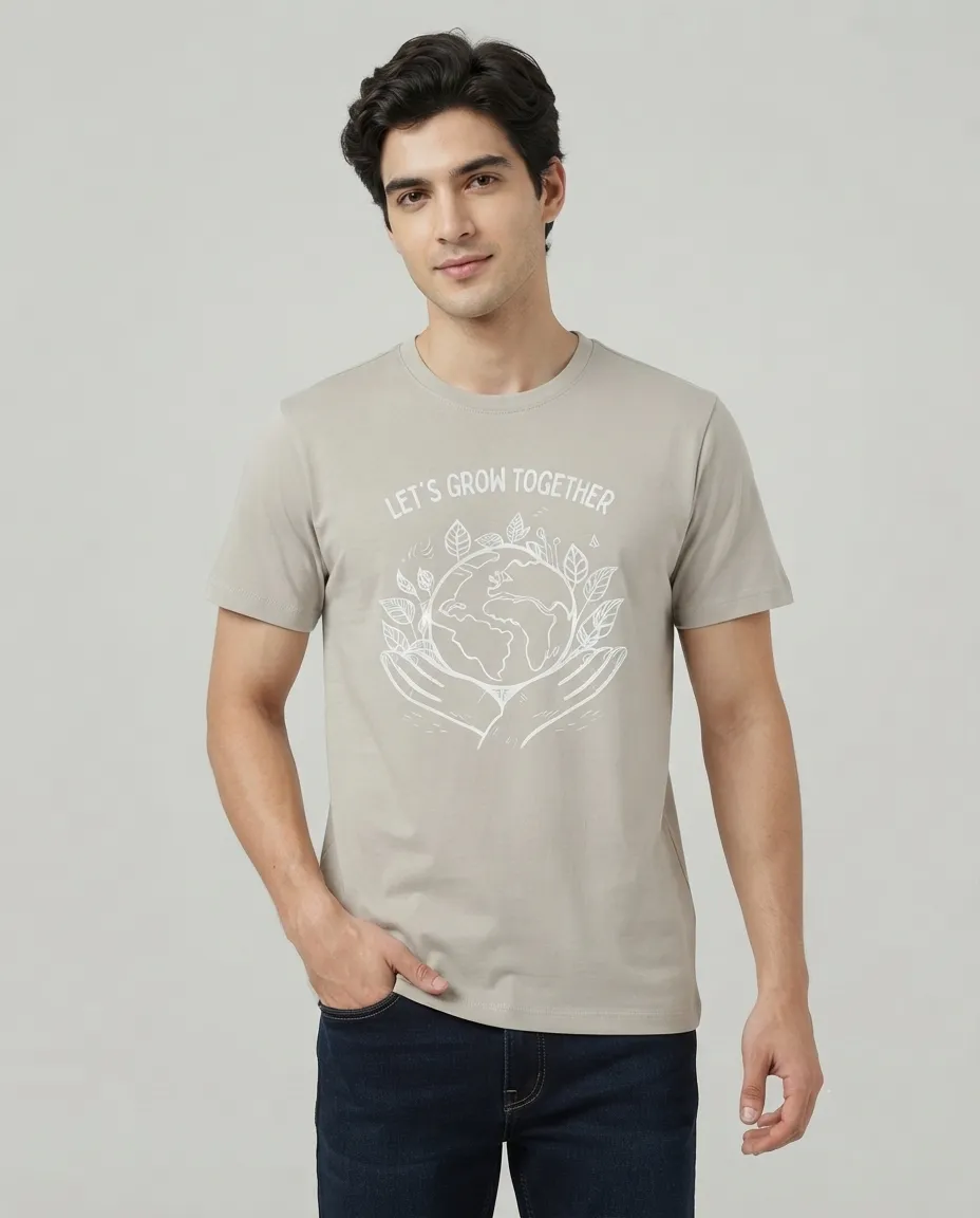 Graphic printed men's T-shirt, short sleeves, finished with a clean regular fit. - Beige - Let's Grow Together