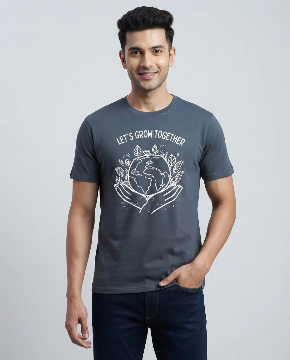 Graphic printed men's T-shirt, short sleeves, finished with a clean regular fit. - Current Blue - Let's Grow Together