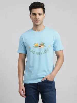Graphic printed men's T-shirt, short sleeves, finished with a clean regular fit. - Sky Blue - Love The Planet