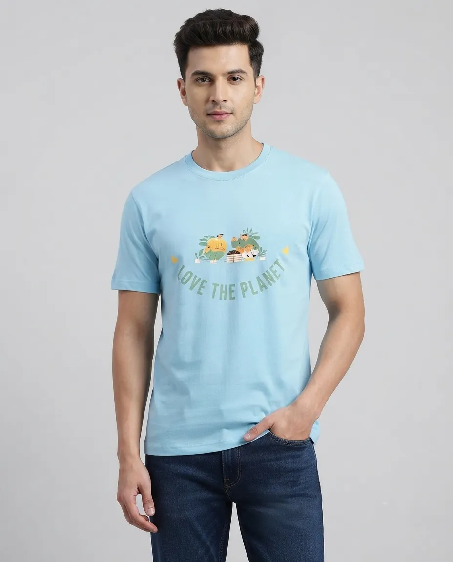 Graphic printed men's T-shirt, short sleeves, finished with a clean regular fit. - Sky Blue - Love The Planet