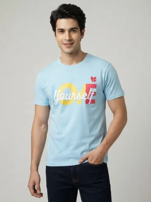 Graphic printed men's T-shirt, short sleeves, finished with a clean regular fit. - Sky Blue - Love Yourself