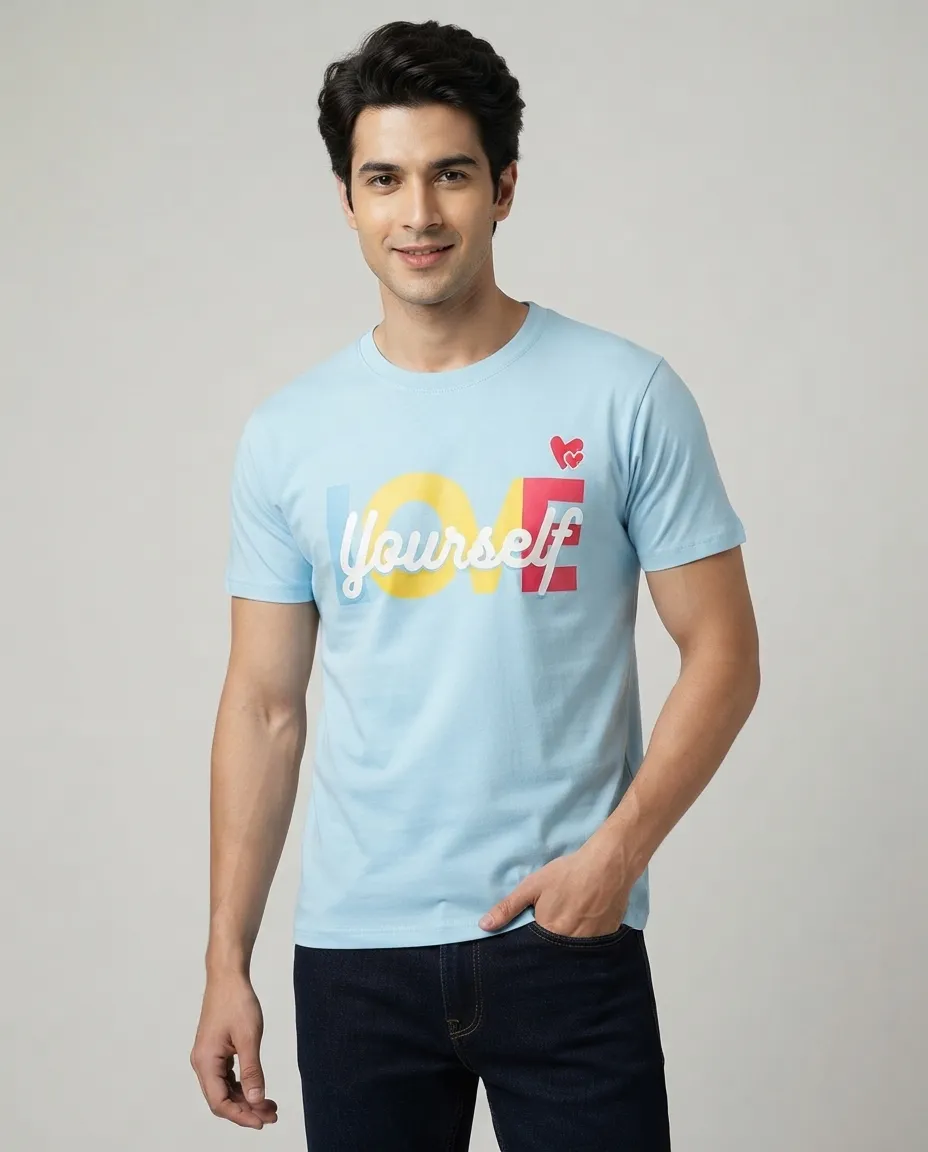 Graphic printed men's T-shirt, short sleeves, finished with a clean regular fit. - Sky Blue - Love Yourself
