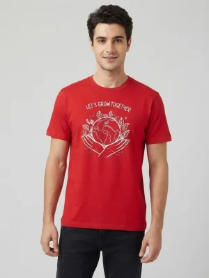 Graphic printed men's T-shirt, short sleeves, finished with a clean regular fit. - Red - Let's Grow Together