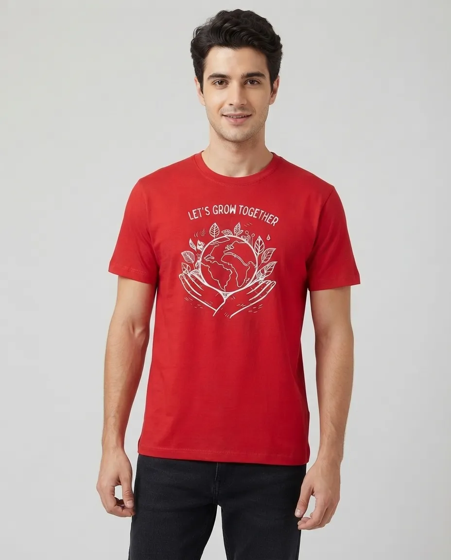 Graphic printed men's T-shirt, short sleeves, finished with a clean regular fit. - Red - Let's Grow Together