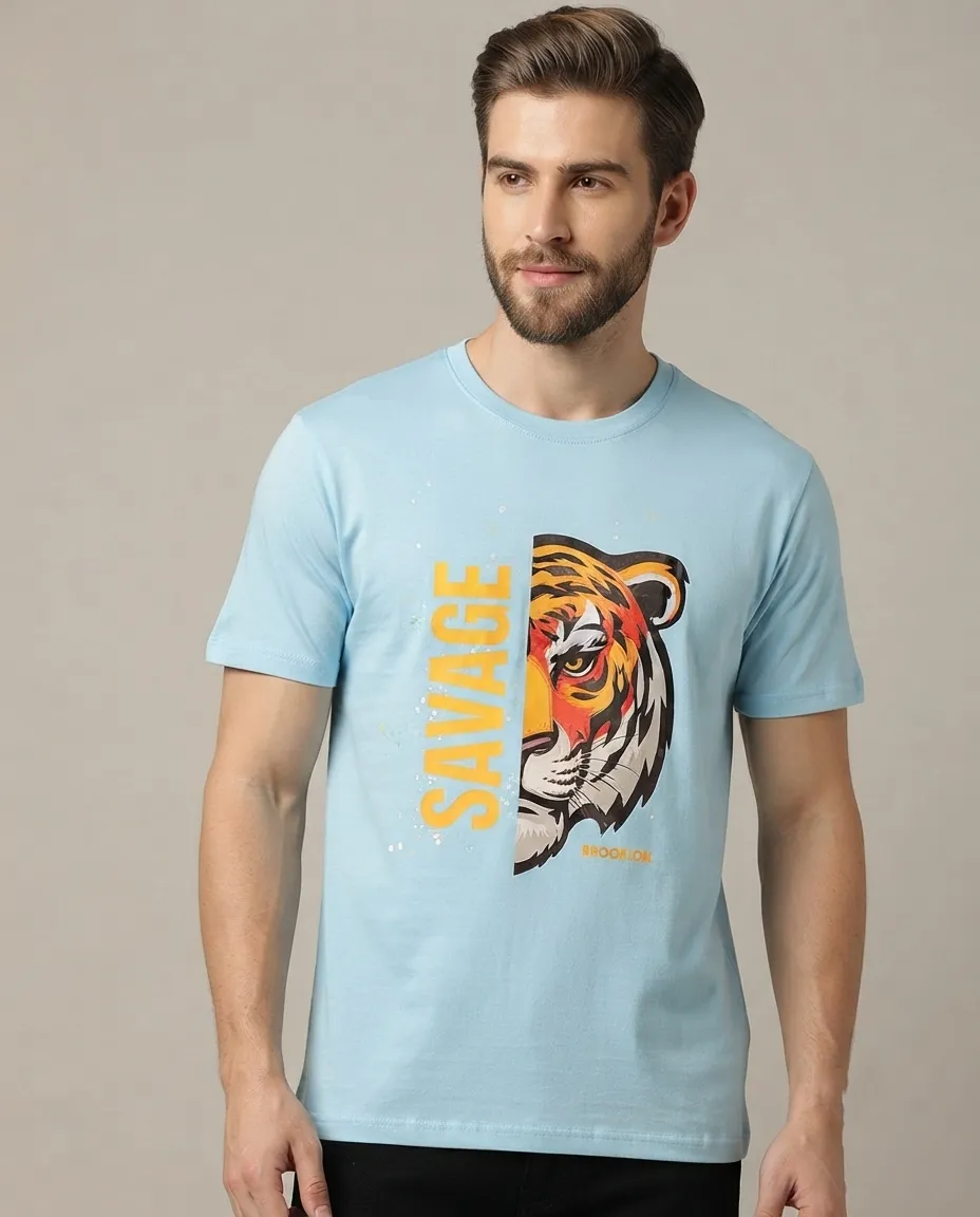 Graphic printed men's T-shirt, short sleeves, finished with a clean regular fit. - Sky Blue - Savage