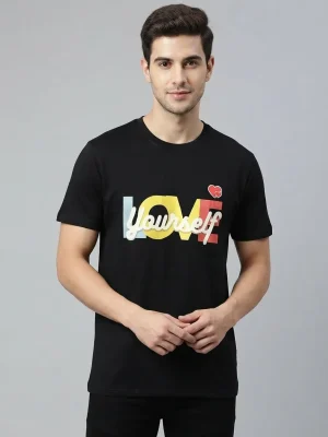 Graphic printed men's T-shirt, short sleeves, finished with a clean regular fit. - Black - Love Yourself