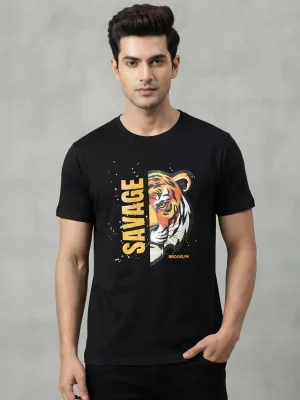 Graphic printed men's T-shirt, short sleeves, finished with a clean regular fit. - Black - Savage