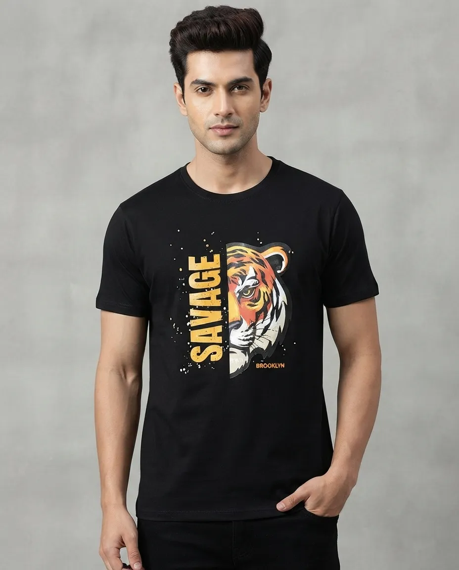 Graphic printed men's T-shirt, short sleeves, finished with a clean regular fit. - Black - Savage