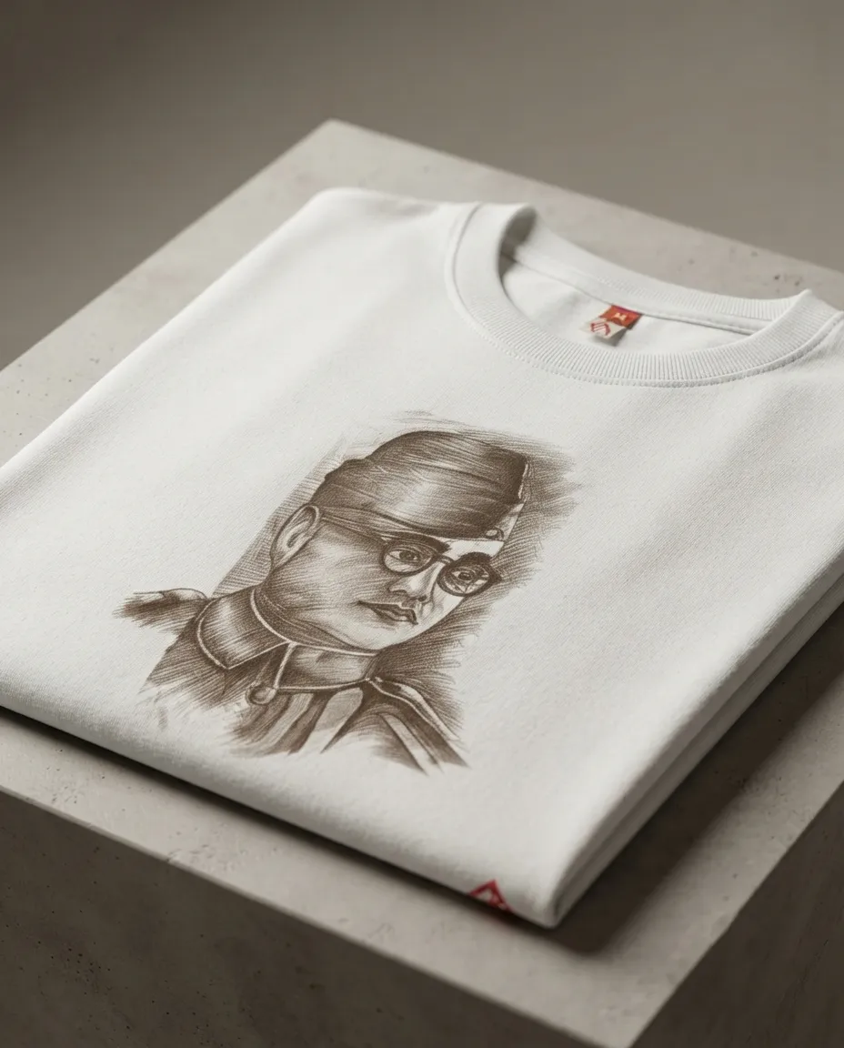 Graphic printed men's T-shirt, short sleeves, finished with a clean regular fit. - White - Netaji Print - Image 3