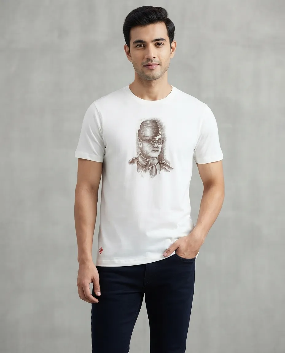 Graphic printed men's T-shirt, short sleeves, finished with a clean regular fit. - White - Netaji Print