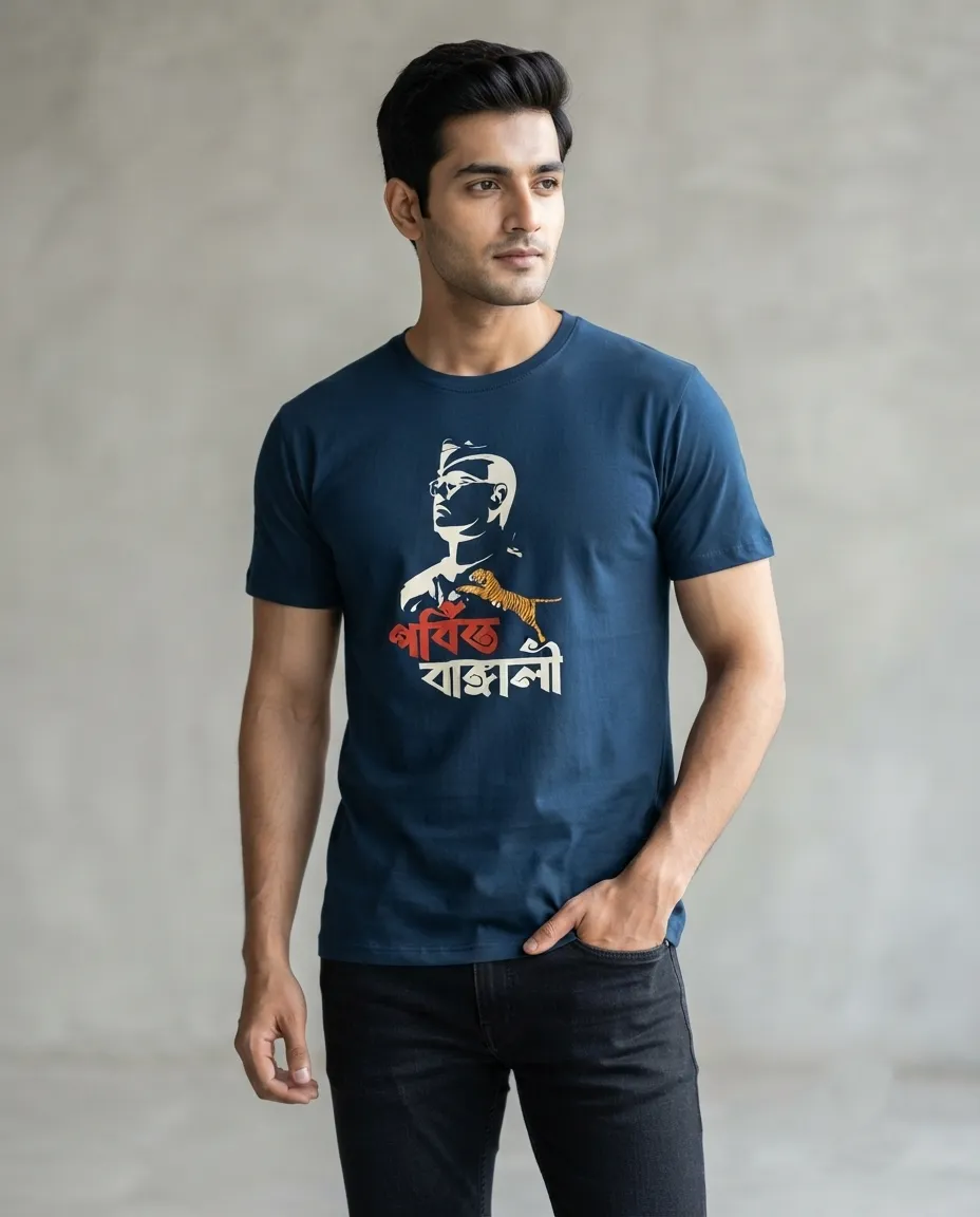 Graphic printed men's T-shirt, short sleeves, finished with a clean regular fit. - Navy Blue - Gorbito Bangali