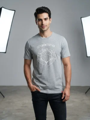 Graphic printed men's T-shirt, short sleeves, finished with a clean regular fit. - Gray - Let's Grow Together
