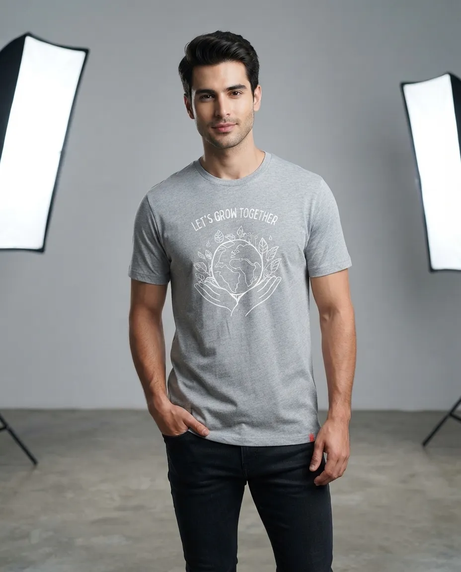 Graphic printed men's T-shirt, short sleeves, finished with a clean regular fit. - Gray - Let's Grow Together