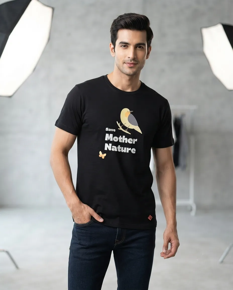 Graphic printed men's T-shirt, short sleeves, finished with a clean regular fit. - Black - Mother nature