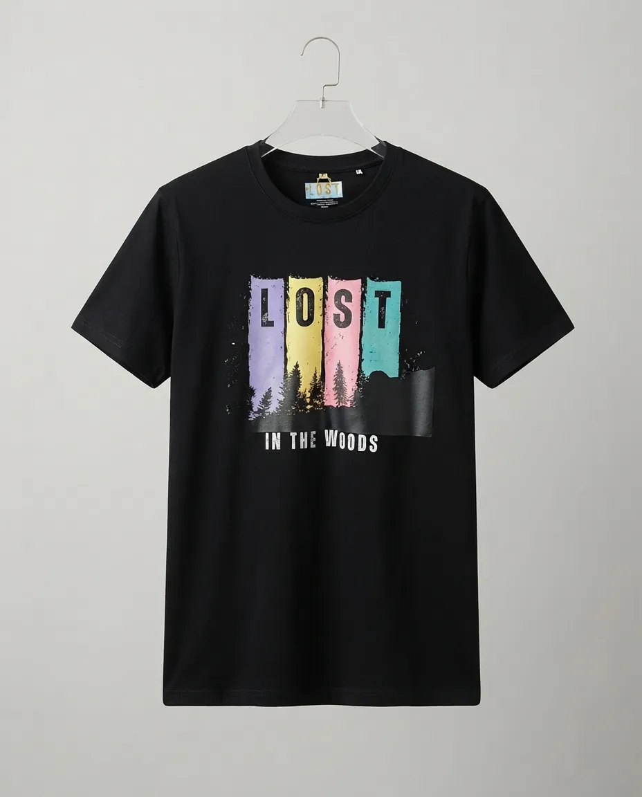 Graphic printed men's T-shirt, short sleeves, finished with a clean regular fit. - Black - Lost in the Woods - Image 2
