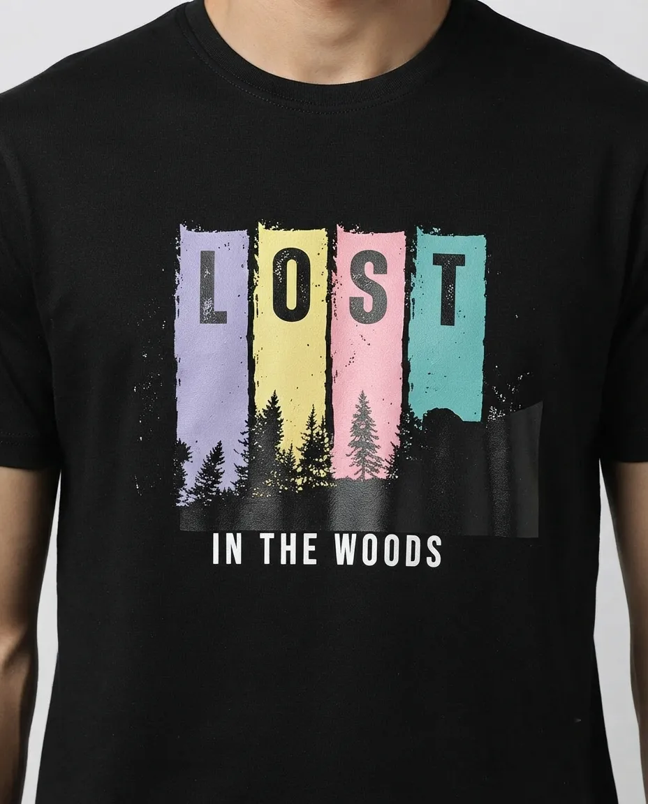 Graphic printed men's T-shirt, short sleeves, finished with a clean regular fit. - Black - Lost in the Woods - Image 3