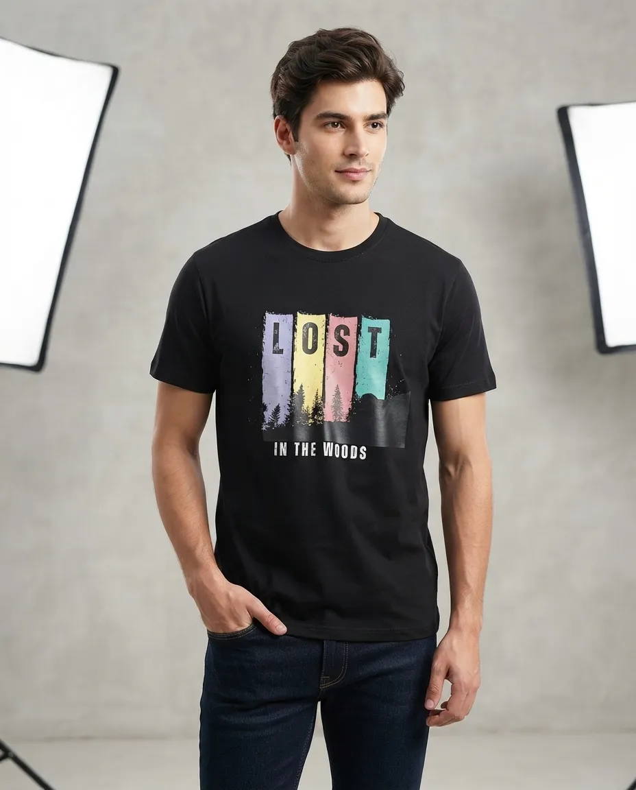 Graphic printed men's T-shirt, short sleeves, finished with a clean regular fit. - Black - Lost in the Woods