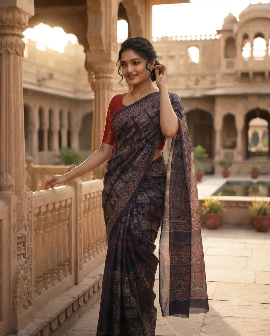 Women's Navy Blue Printed Cotton Saree with Multicolour Geometric Motifs and Traditional Patterned Pallu - Image 2