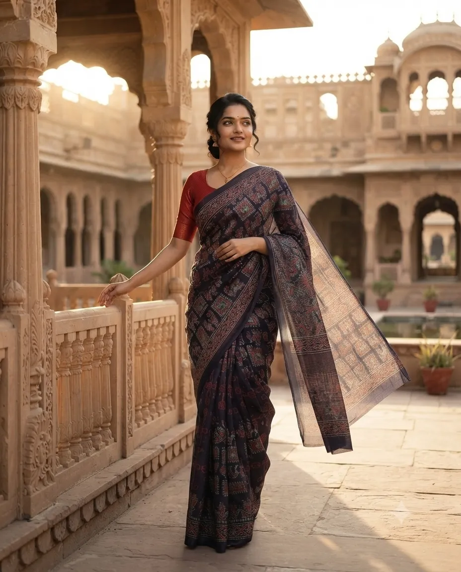 Women's Navy Blue Printed Cotton Saree with Multicolour Geometric Motifs and Traditional Patterned Pallu - Image 3