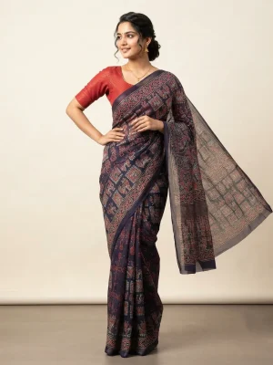 Women's Navy Blue Printed Cotton Saree with Multicolour Geometric Motifs and Traditional Patterned Pallu
