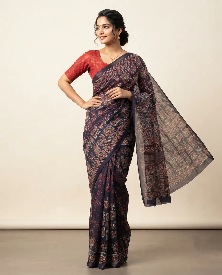 Women's Navy Blue Printed Cotton Saree with Multicolour Geometric Motifs and Traditional Patterned Pallu