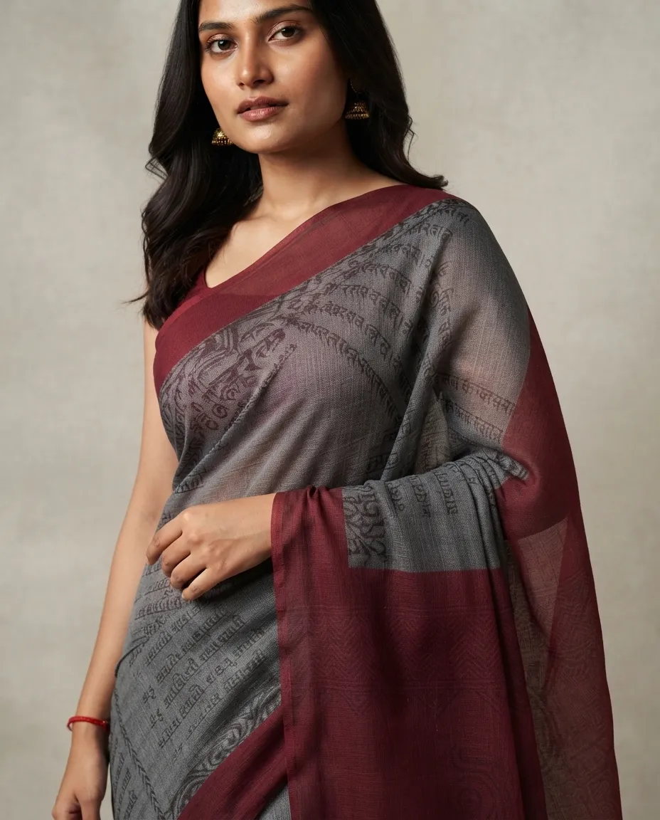 Women's Grey Printed Cotton Saree with Maroon Border and Traditional Patterned Pallu - Image 2