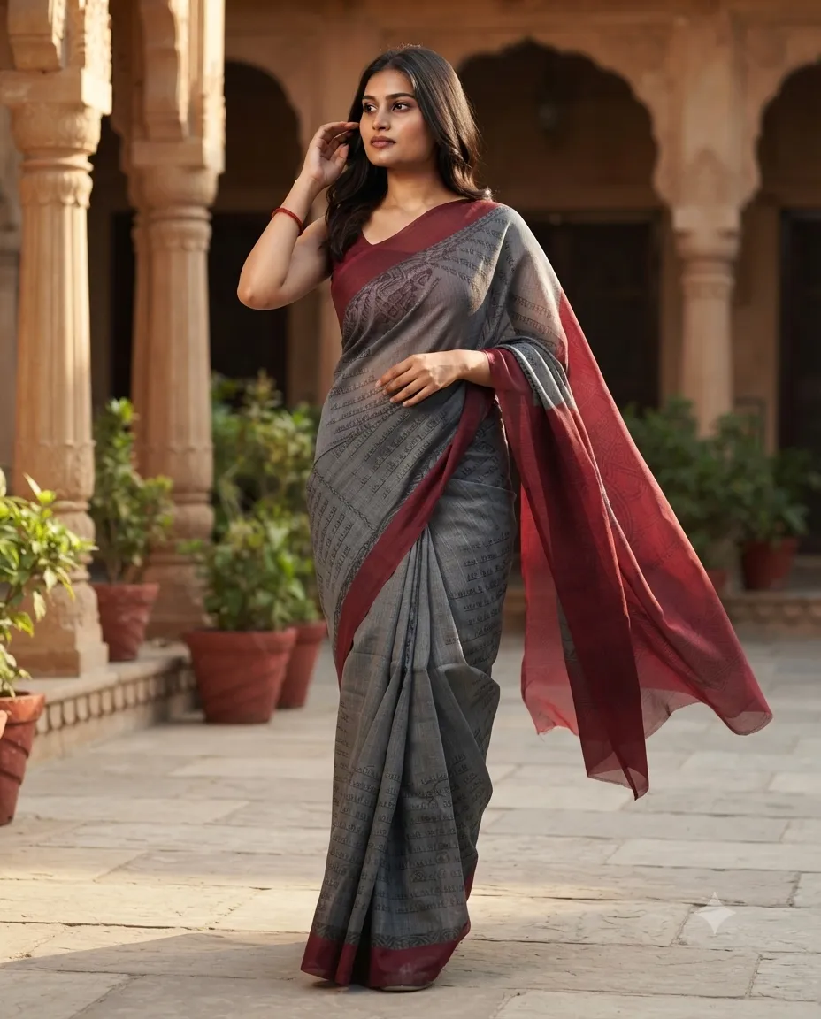Women's Grey Printed Cotton Saree with Maroon Border and Traditional Patterned Pallu - Image 3