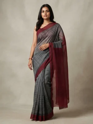 Women's Grey Printed Cotton Saree with Maroon Border and Traditional Patterned Pallu