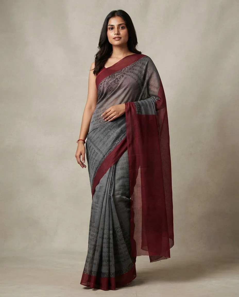 Women's Grey Printed Cotton Saree with Maroon Border and Traditional Patterned Pallu
