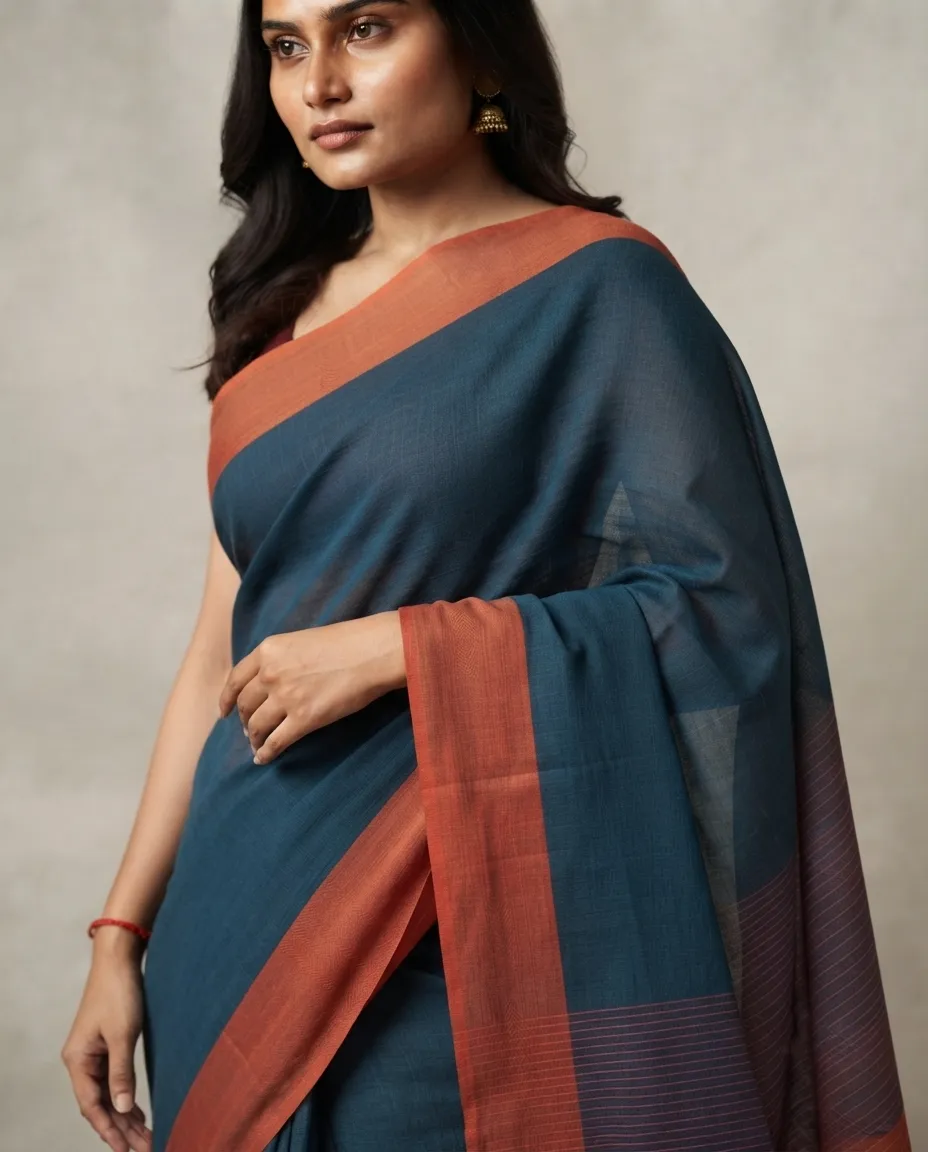Women's Navy Blue Cotton Saree with Rust Contrast Border - Image 2