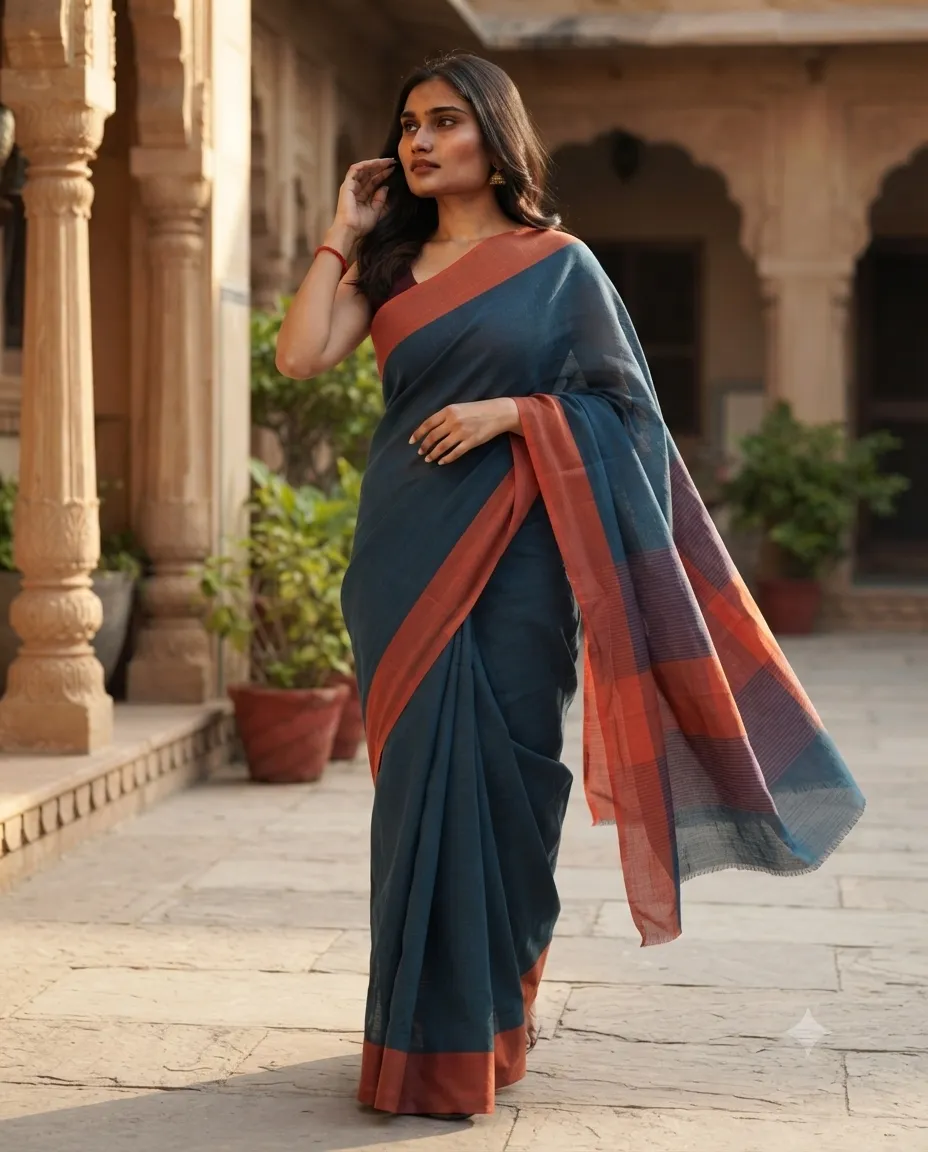 Women's Navy Blue Cotton Saree with Rust Contrast Border - Image 3