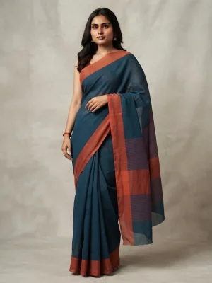 Women's Navy Blue Cotton Saree with Rust Contrast Border