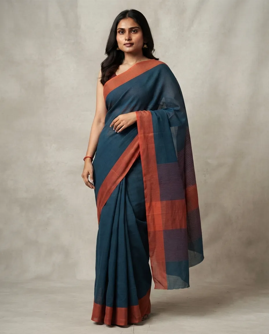 Women's Navy Blue Cotton Saree with Rust Contrast Border