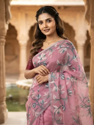 Women's Pink Floral Printed Cotton Linen Saree with Blue and White Botanical Motifs