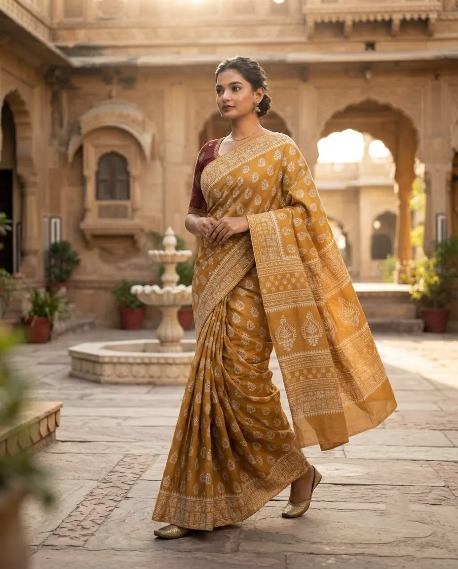 Mustard Yellow Pure Cotton Block Print Saree with Traditional Motifs and Detailed Printed Border - Image 2