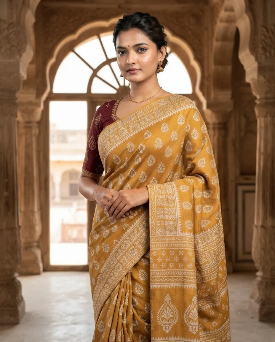 Mustard Yellow Pure Cotton Block Print Saree with Traditional Motifs and Detailed Printed Border - Image 3