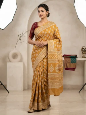 Mustard Yellow Pure Cotton Block Print Saree with Traditional Motifs and Detailed Printed Border