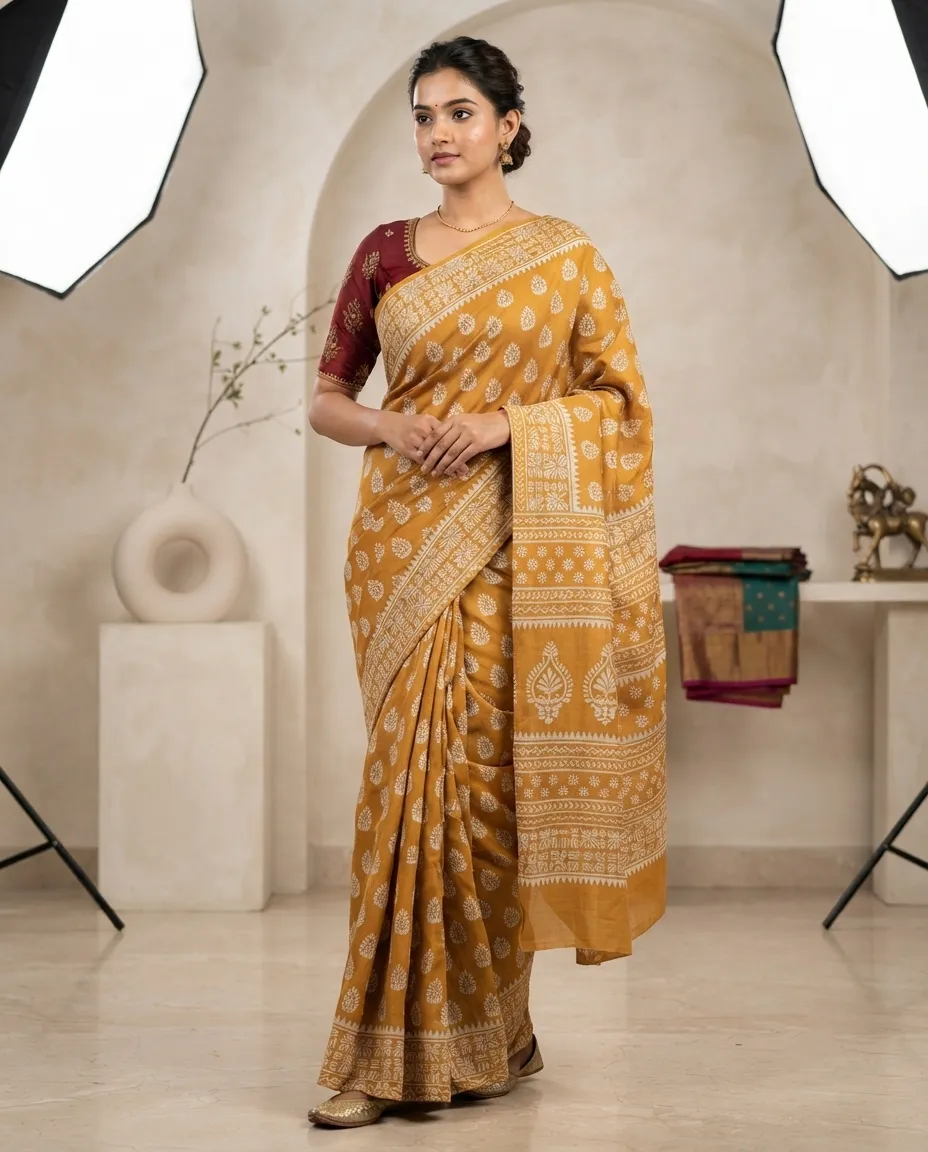 Mustard Yellow Pure Cotton Block Print Saree with Traditional Motifs and Detailed Printed Border