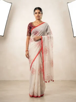 White and Red Floral Printed Pure Cotton Saree with Contrast Border and Tassel Detailing