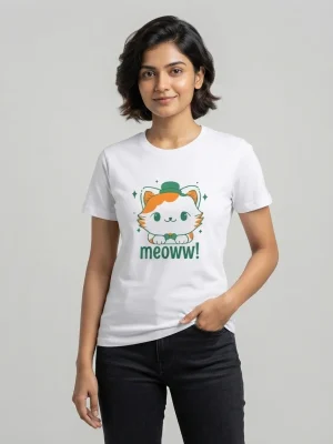 Women's Graphic Printed T-Shirt, Short Sleeves with Artwork, Featuring a Regular Fit for Casual Everyday Wear, Pure cotton material - White - Meoww Print