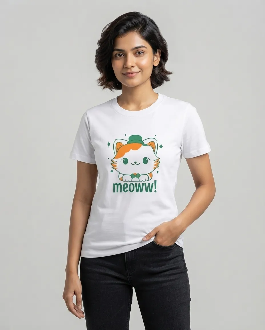 Women's Graphic Printed T-Shirt, Short Sleeves with Artwork, Featuring a Regular Fit for Casual Everyday Wear, Pure cotton material - White - Meoww Print