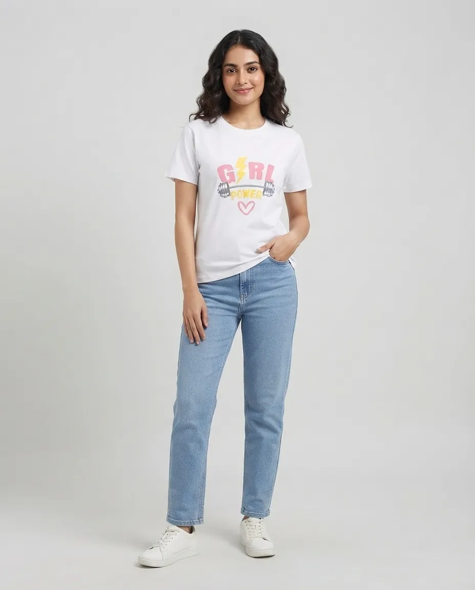 Women's Graphic Printed T-Shirt, Short Sleeves with Artwork, Featuring a Regular Fit for Casual Everyday Wear, Pure cotton material - White - Girl Power