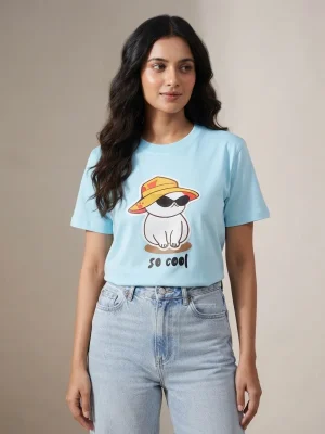Women's Graphic Printed T-Shirt, Short Sleeves with Artwork, Featuring a Regular Fit for Casual Everyday Wear, Pure cotton material - Sky Blue - So Cool