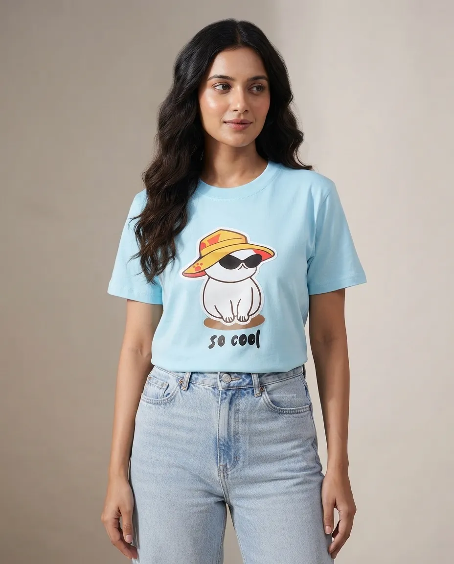 Women's Graphic Printed T-Shirt, Short Sleeves with Artwork, Featuring a Regular Fit for Casual Everyday Wear, Pure cotton material - Sky Blue - So Cool